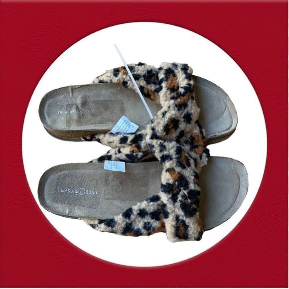 Leopard Print Sherpa Slides Sandals Treasure & Bond Size 8 - Picture 3 of 9